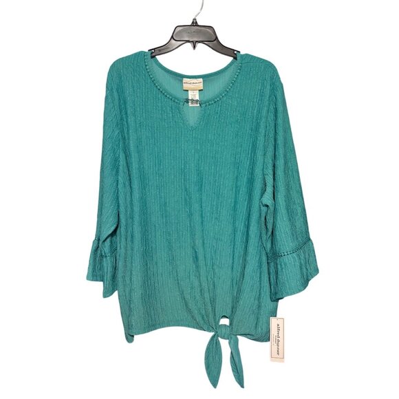 Alfred Dunner Womens Textured 3X Top With Tie Hem & 3/4 Sleeves In Jade Green - Picture 1 of 10